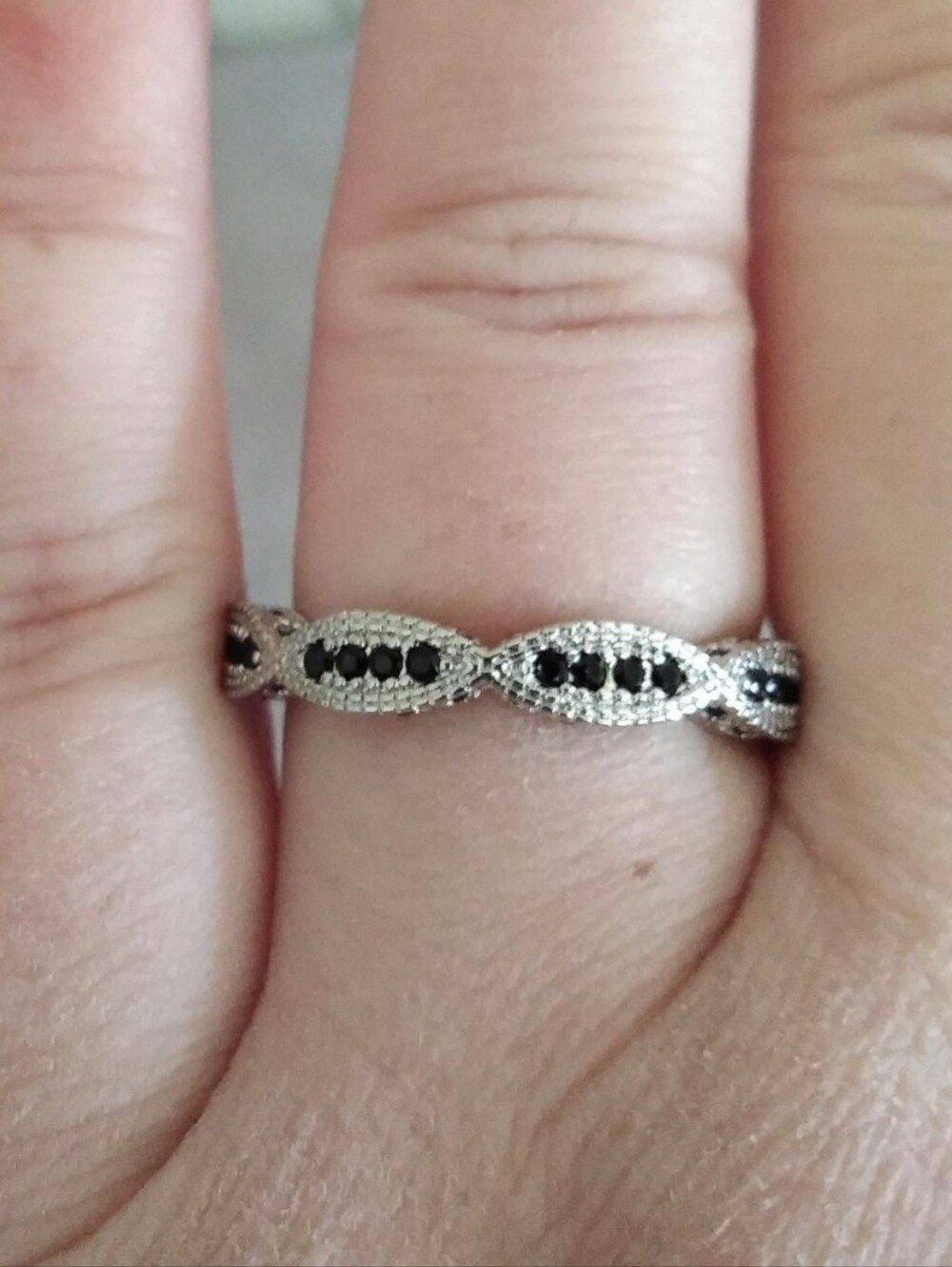 10k White Gold Over Silver 2 PC Onyx Solitaire W/Accents Eternity Ring Set Sz 10 - Picture 11 of 12